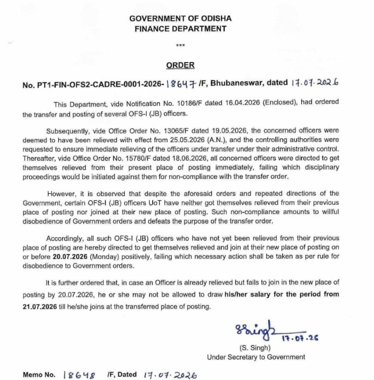 Odisha Finance Department Warns of Salary Freeze for Officers Defying Transfer Orders